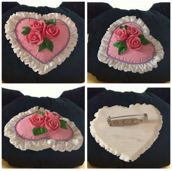 Jewelry - 👣4/$20. Handmade 3D Heart Shaped Brooch with Pink Roses on the Center